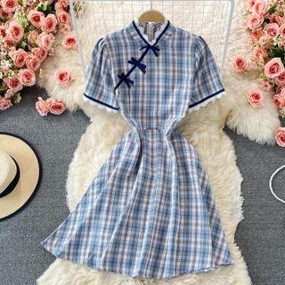 Short-sleeve Lace Trim Plaid A-line Dress