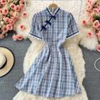 Short-sleeve Lace Trim Plaid A-line Dress