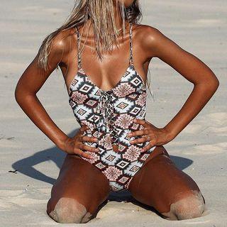 Patterned Lace Up Front Swimsuit