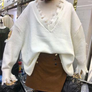 Fringed Ripped Sweater White - One Size