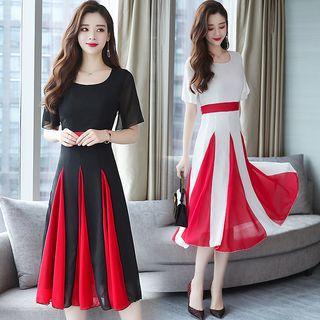 Short Sleeve Two Tone Chiffon A-line Dress