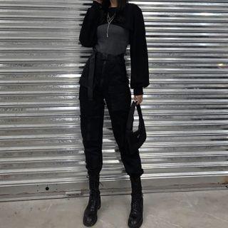 Long-sleeve Cropped Top / Tank Top / Cargo Pants / Belt / Set