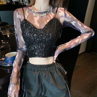 Sequined Camisole Top / Long-sleeve Mesh Top / Cut-out Straight-cut Pants