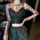 Sequined Camisole Top / Long-sleeve Mesh Top / Cut-out Straight-cut Pants
