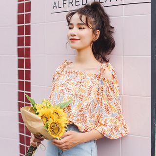 Printed Tie-strap Cold-shoulder Blouse As Shown In Figure - One Size