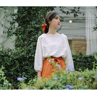 Scallop Trim Long-sleeve Top White - One Size
