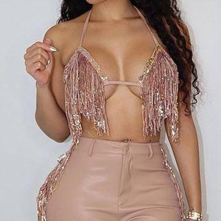 Rhinestone Fringe Ribbon-back Cropped Halter Top