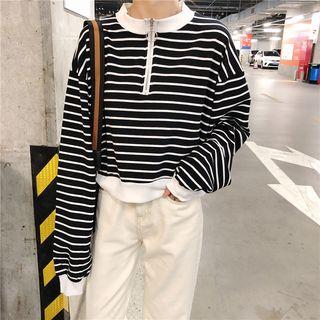 Striped Long-sleeve Neck Zip Placket Top