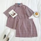 Set:plaid Short-sleeve Blouse + High-waist A-line Skirt As Shown In Figure - One Size