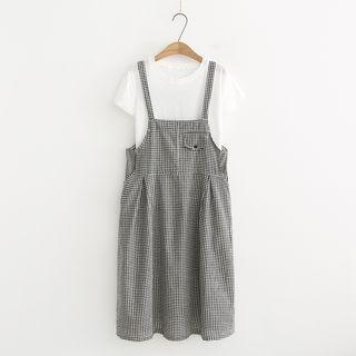 Set: Short-sleeve T-shirt + Gingham Midi Dungaree Dress