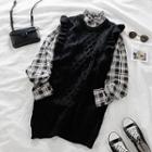 Ruffled Trim Cable Knit Vest / Plaid Shirt