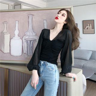 Long-sleeve Chiffon Paneled Crinkled Top