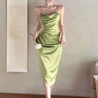 Spaghetti-strap Cowl Neck Shirred Midi Sheath Dress