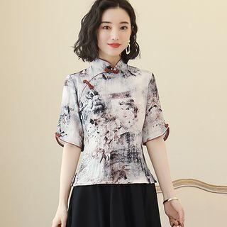 Printed Elbow-sleeve Hanfu Top / Midi A-line Skirt / Set