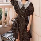 Collared Floral Print Puff-sleeve A-line Dress