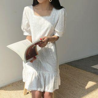 Puff-sleeve Ruffle-hem Eyelet-lace Dress Ivory - One Size