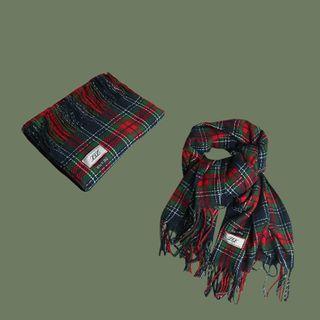 Plaid Tasseled Scarf Plaid - Red & Green - One Size