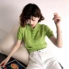 Short-sleeve Cropped Knit Polo Shirt / Denim Mini A-line Skirt / Straight Leg Jeans