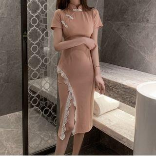 Lace Trim Short-sleeve Midi Qipao