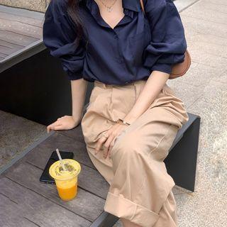 Double Breasted Long Trench Coat / Plain Shirt / Wide-leg Pants