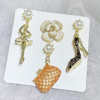 Set Of 4: Ear Stud (various Designs) Black & White & Orange & Gold - One Size