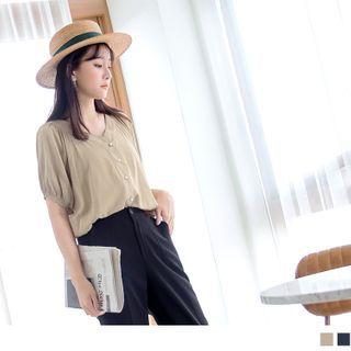 Short-sleeve V-neck Beaded Blouse
