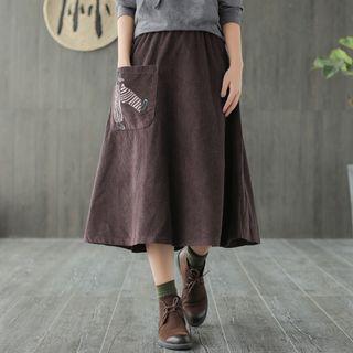 Embroidered Midi A-line Corduroy Skirt