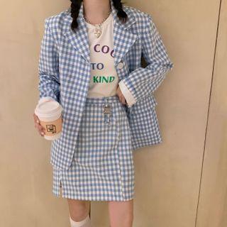 Checked One-button Blazer / Short-sleeve Lettering T-shirt / A-line Mini Skirt