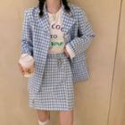 Checked One-button Blazer / Short-sleeve Lettering T-shirt / A-line Mini Skirt
