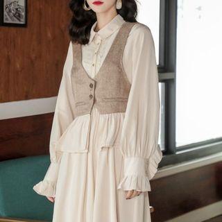 Plain Long-sleeve Pleated Dress / Color-block Vest