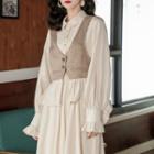 Plain Long-sleeve Pleated Dress / Color-block Vest