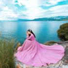 Plain Long-sleeve V-neck Maxi A-line Dress