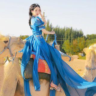 Short-sleeve Chiffon Midi Dress / Waist Chain / Scarf / Set