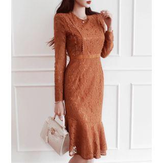 Round-neck Ruffle-hem Laced Dress
