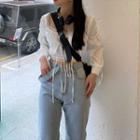 Wide-leg Jeans / Spaghetti Strap Top / Lace Up Blouse / Set