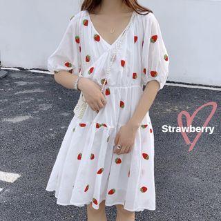 Elbow-sleeve Embroidered Strawberry A-line Mini Dress White - One Size