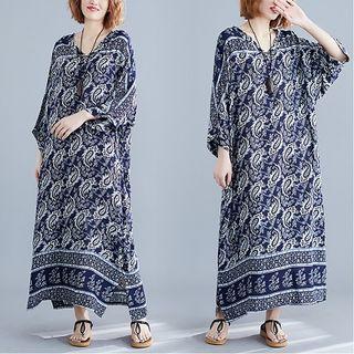 3/4-sleeve Patterned Maxi Dress As Shown In Figure - One Size