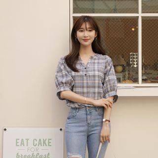 Half-placket Checked Blouse Sky Blue - One Size