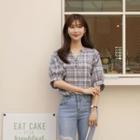 Half-placket Checked Blouse Sky Blue - One Size