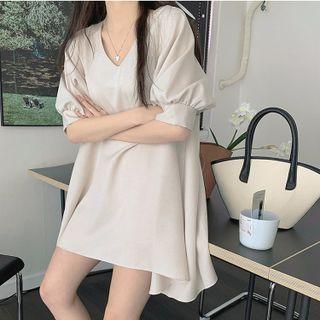 Puff-sleeve V-neck Loose-fit Mini Dress