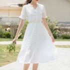 Short-sleeve V-neck Frill Trim Midi A-line Dress White - One Size