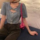 Denim Single-breasted Cropped Top As Shown In Figure - One Size