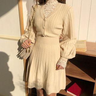 Balloon-sleeve Flared Rib-knit Dress