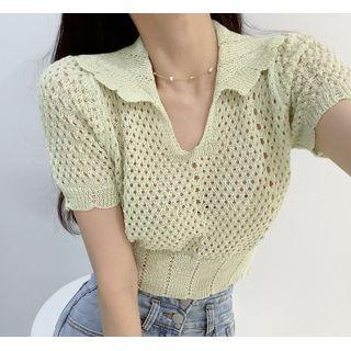 Lapel Eyelet Short-sleeve Knit Top