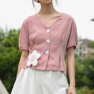 Short-sleeve Buttoned Slit Back Top
