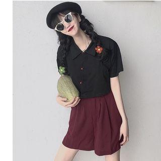 Diagonal Button Cropped Polo Shirt / High-waist Shorts