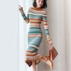 Striped Long-sleeve Knit Midi Sheath Dress