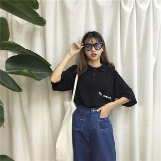 Lettering Elbow Sleeve Polo Shirt