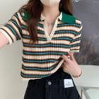 Short-sleeve Striped Collared Knit Top Green - One Size