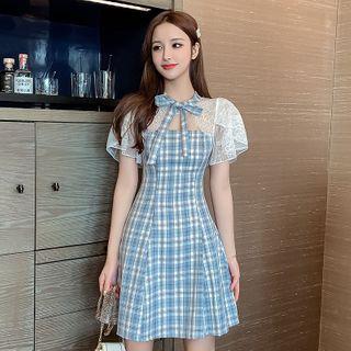 Lace Panel Plaid Short-sleeve Mini A-line Dress